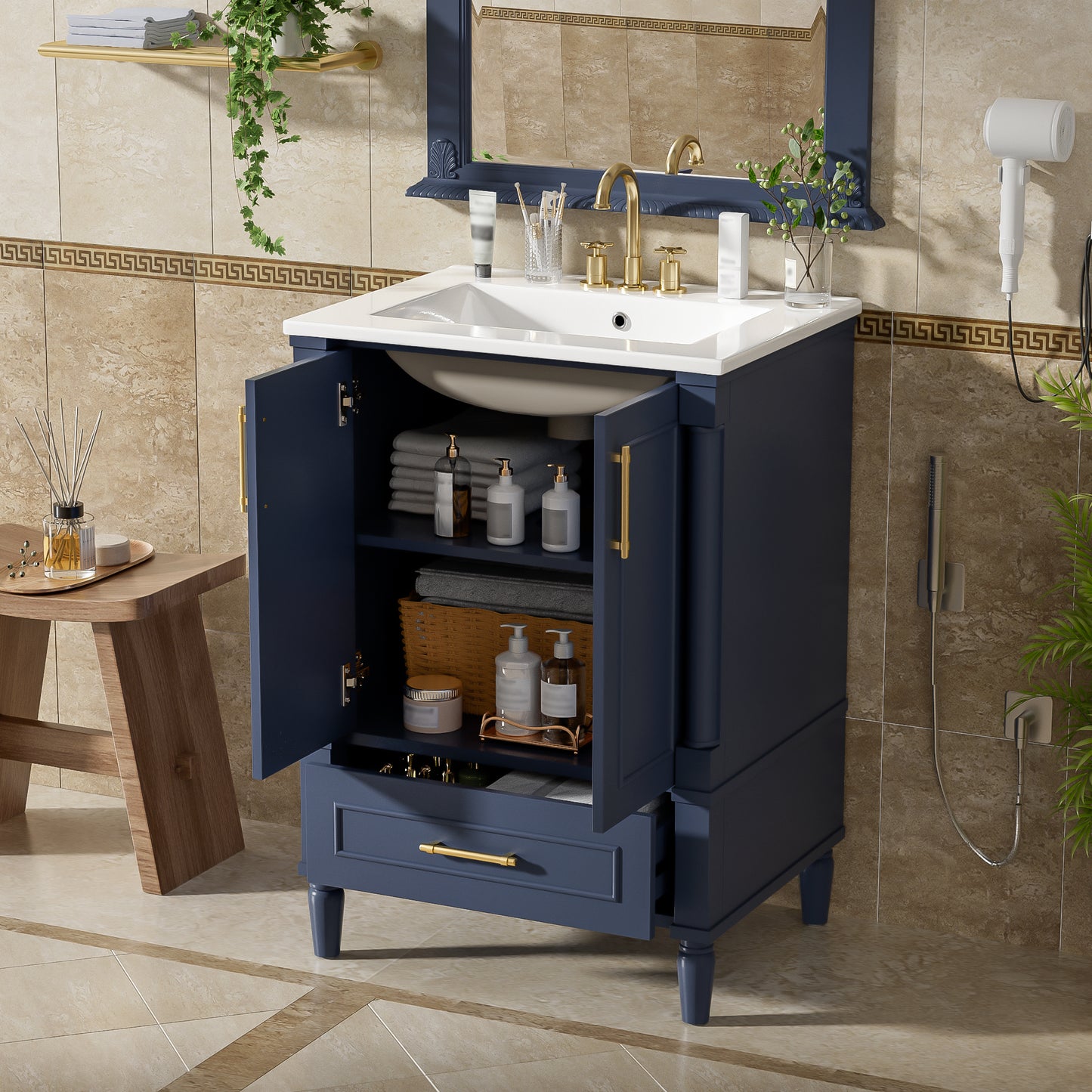 24" Modern Bathroom Vanity with Ornate Motif Design & Soft-Close Hinges, Bathroom Cabinet with Drawer and Back Open Structure, Ornately Carved French Cylinder Legs image 2