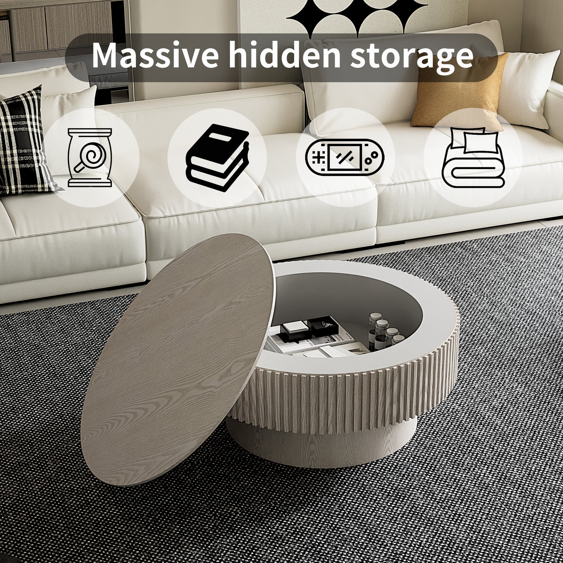31.5'' Round Coffee Table with Storage Solid Wood Veneered Modern Coffee Table Accent Tea Table for Living Room, Bedroom, Apartment or Office, Retro White image 9