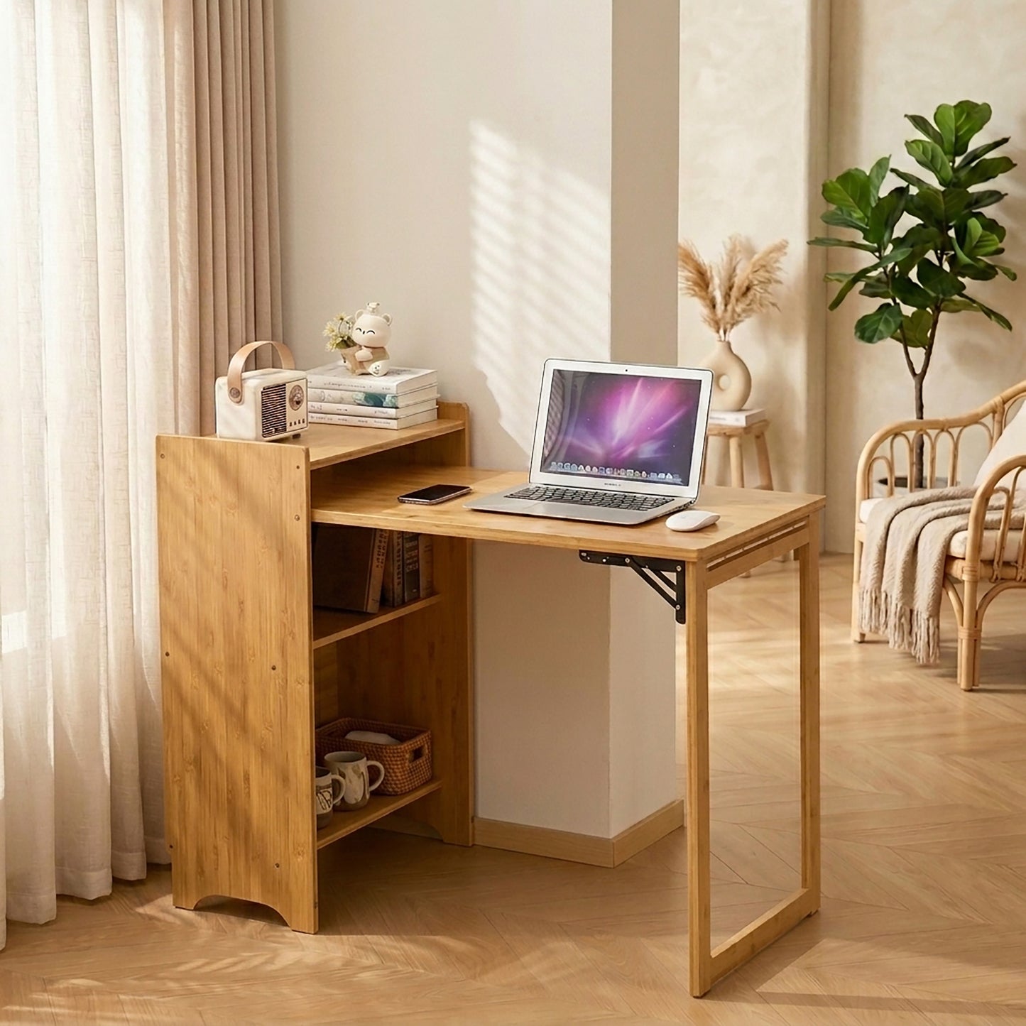 Bamboo Folding Desk, Foldable Desk for Small Space, Computer Desk with Hidden Storage, Mid Century Foldable Table for Home Office and Bedroom (NATURAL WOOD) image 7