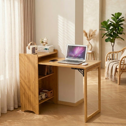 Bamboo Folding Desk, Foldable Desk for Small Space, Computer Desk with Hidden Storage, Mid Century Foldable Table for Home Office and Bedroom (NATURAL WOOD) image 7