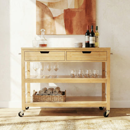 Indoor Multifunctional Natural Bamboo Bar Cart with Locking Wheels, Drawers, and Open Shelves - Ideal for Kitchen, Dining, and Entertaining image 4