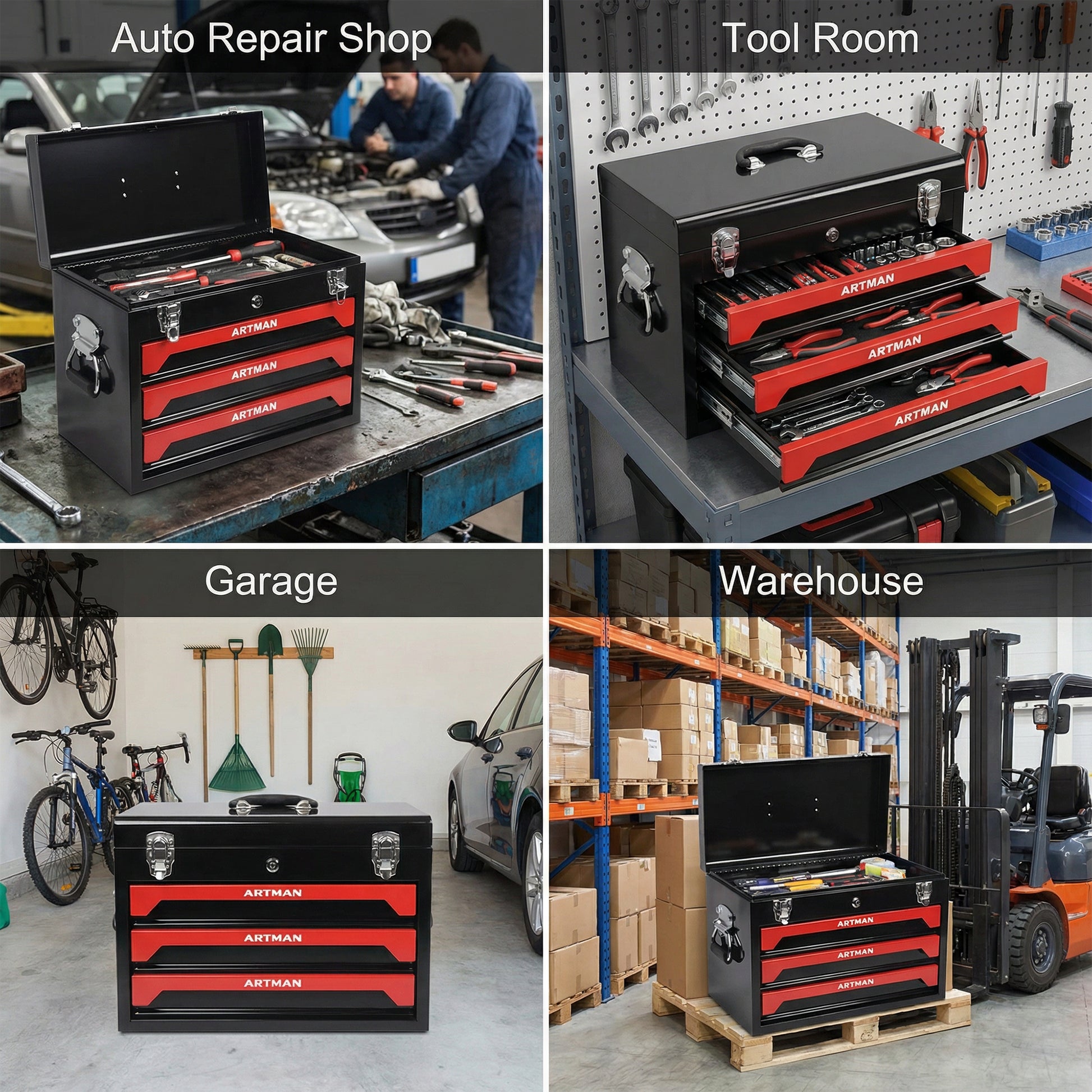 20'' Portable 3-Drawer Steel Toolbox, 4 Layers of Tools with Metal Latches, with Top Storage Tray and carrying Handle, Multi-Function Tool Storage for Garage, Home, or Workbench,Black&Red image 11