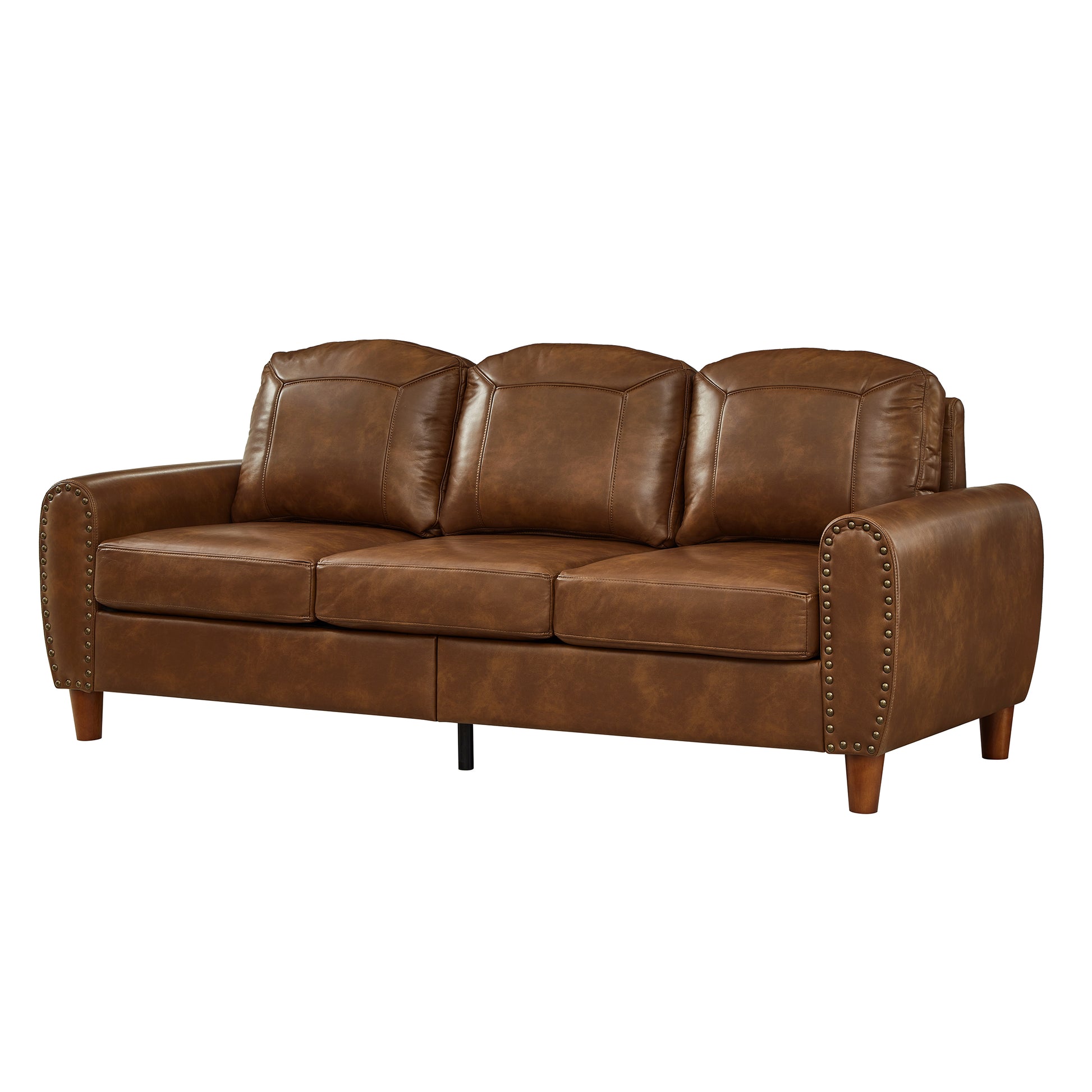 81.5" Classic Living Room Sofa Faux Leather Couch,Rolled Arm Sofa with Nails,Solid Wood Legs,Upholstered Breathable PU Leather Brown. image 12