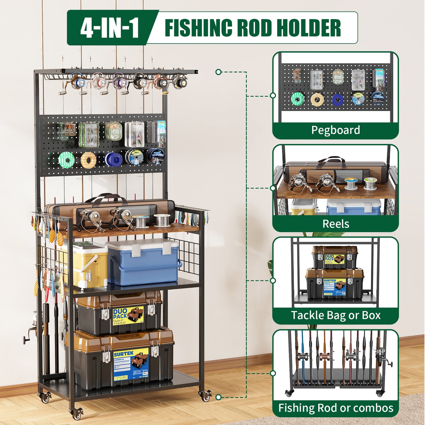 Fishing Rod Storage Rack with Pegboard, Rolling Tackle Organizer Cart, Multi-Tier Fishing Gear Stand for Rods, Reels, Tackle Boxes & Bags, Heavy Duty Metal Holders with Lockable Wheels image 5