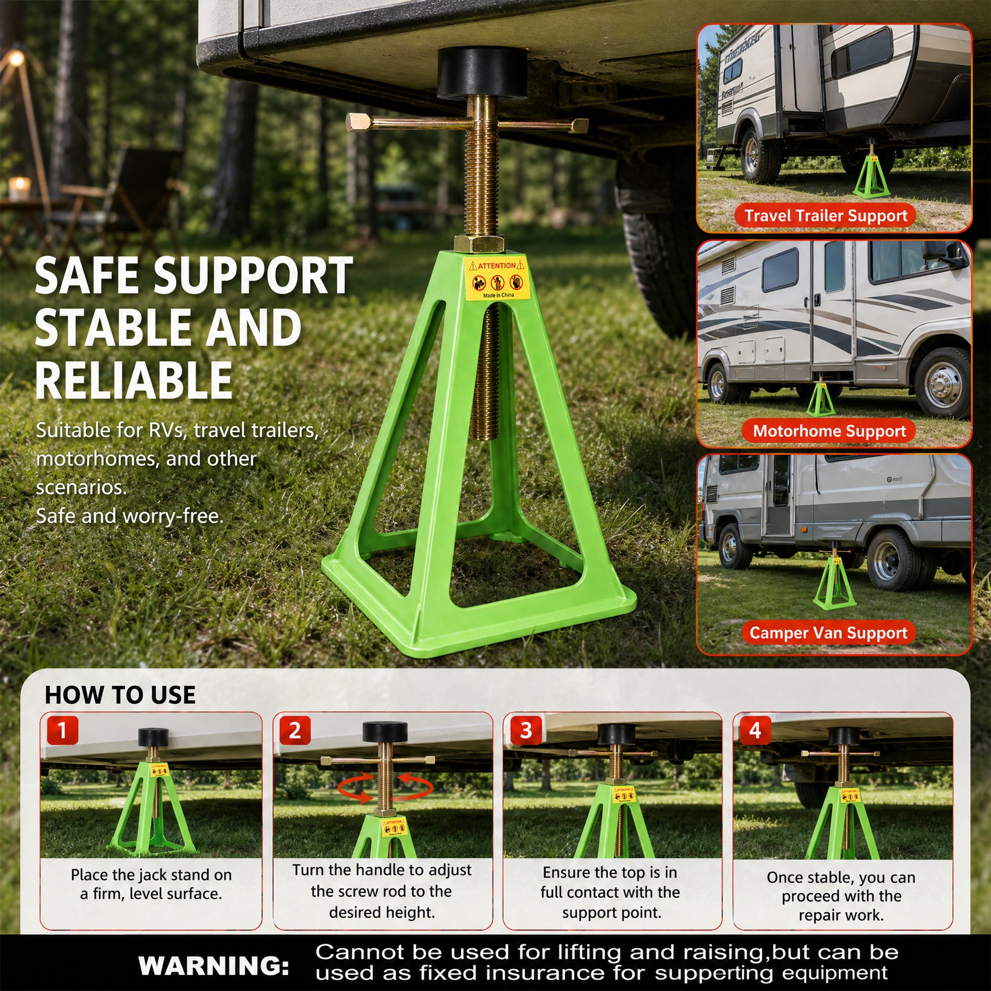 4-Pack RV Stabilizer Jacks, Heavy Duty Adjustable Screw Jack Stands for Travel Trailer Camper, 3300 Lbs Each Load Capacity, 11" to 17" Height Range, with Spare Nuts & Rubber Pads for RV Leveling & Sup image 8