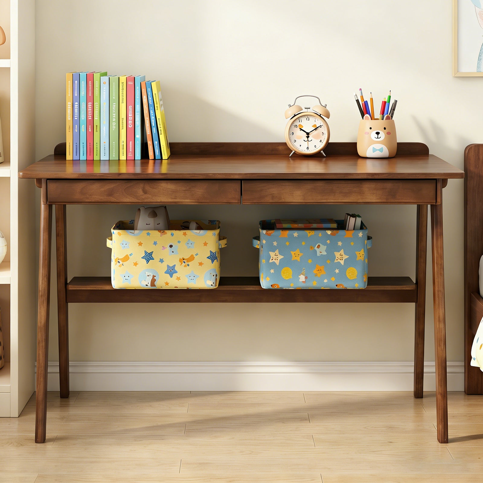 Solid Wood Writing Desk, Home Office Desk for Small Spaces, Mid Century Modern Desks with 2 Drawers & Storage Shelf, Standing Desk with Side Hooks for Study, Bedroom, Office (Walnut) image 5