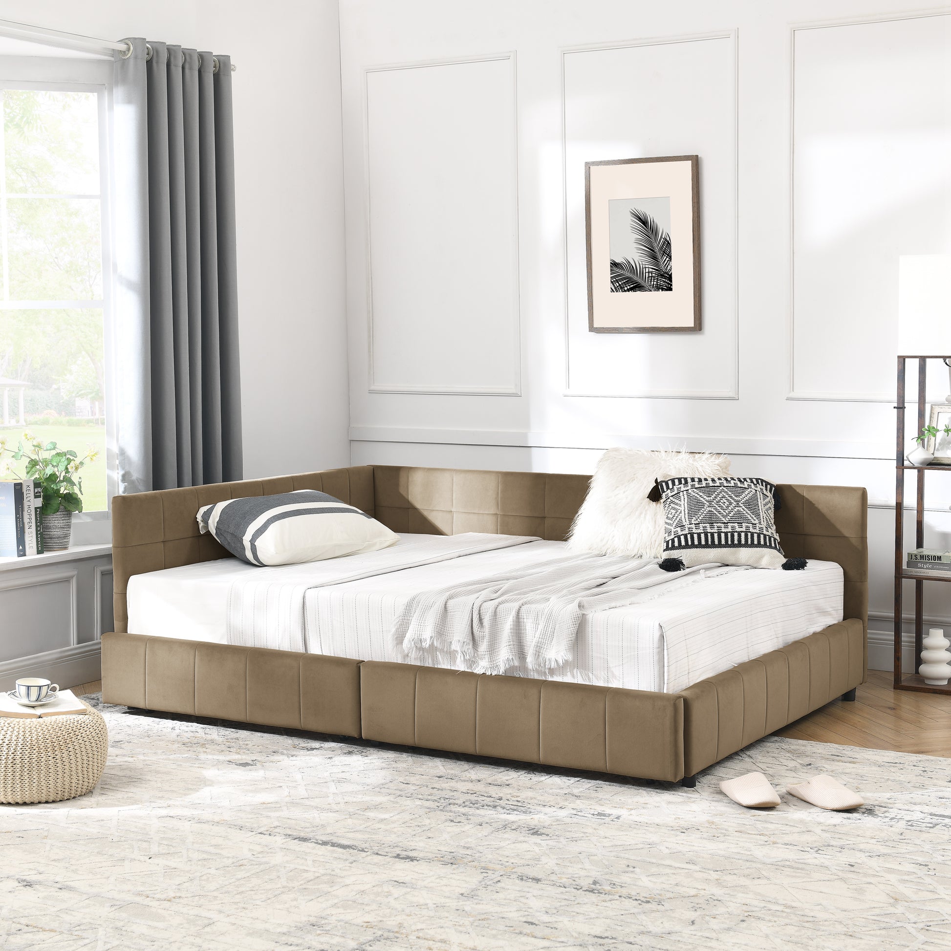 Full Size Storage Upholstered Tufted Bed Frame, Sofa Bed Frame with Comfortable Backrest and Armrests, Full Size Bed for Bedroom, Living Room,Velvet, BROWN(80.5''*59''*29.5'') image 3