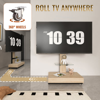 TV stand with push-pull drawer for Living Room, Bedroom,Offices,Adjustable Height Mobile TV Cart for 32-75 inches,Wood &glass TV Stand with wheels,Natural image 5