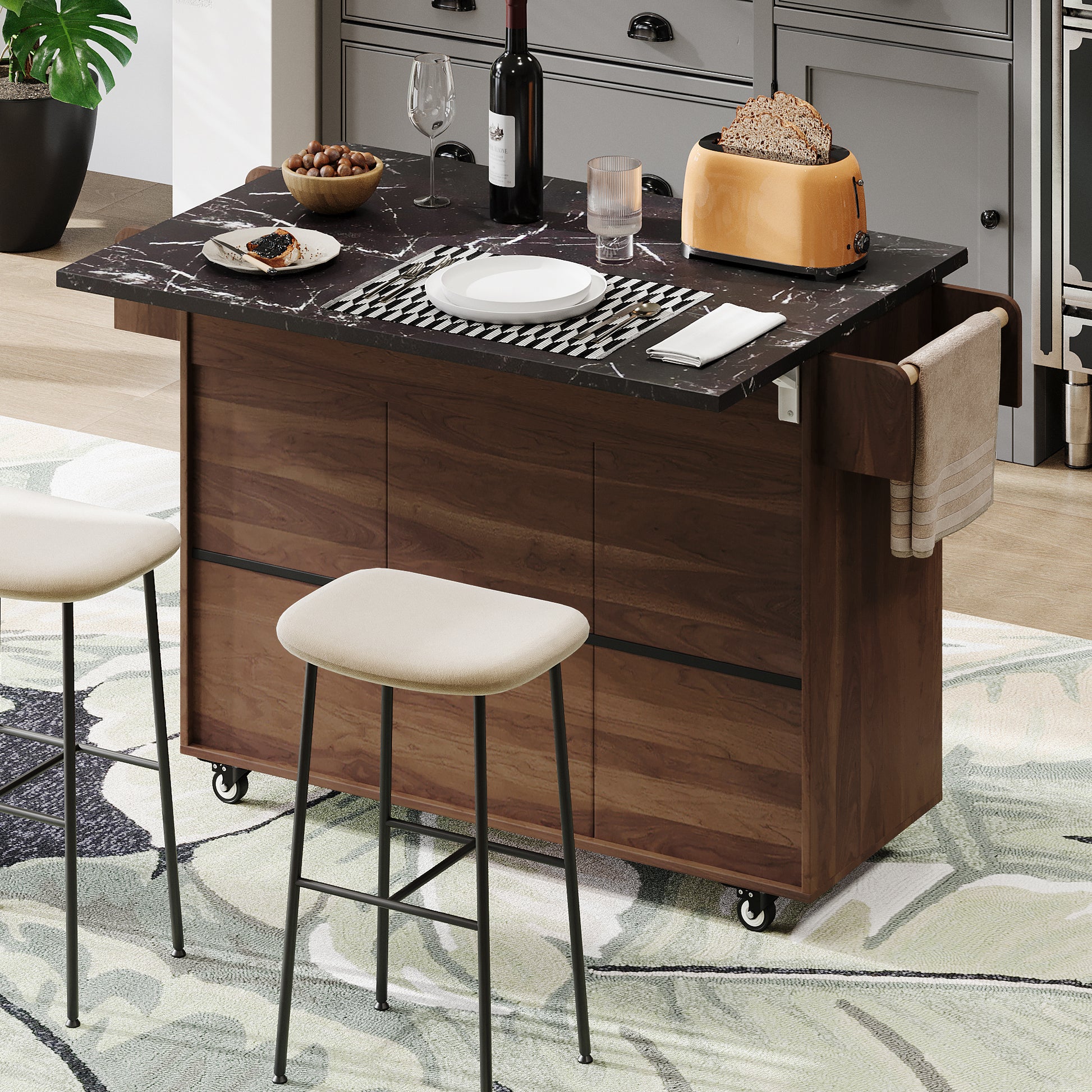 K&K Kitchen Island with Trash Can Storage Cabinet, Kitchen Cart with Drop Leaf, Spice Rack, Towel Rack and Drawer, Rolling Kitchen Island on Wheels with Adjustable Shelf, Walnut Brown image 8