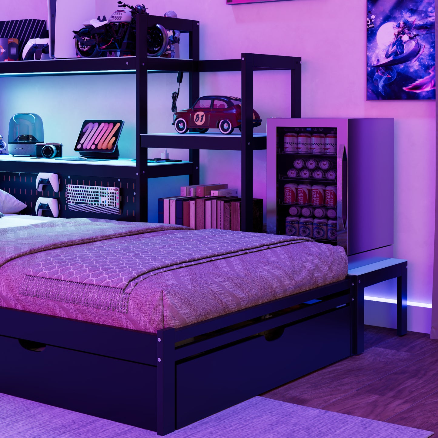 Twin Size Gaming Daybed with Integrated Desk and LED Light, Modern Wooden Bed Frame with 3 Storage Drawers and Built-in Charging Station, Multi-Functional Headboard Bookcase, Black+Blue image 5