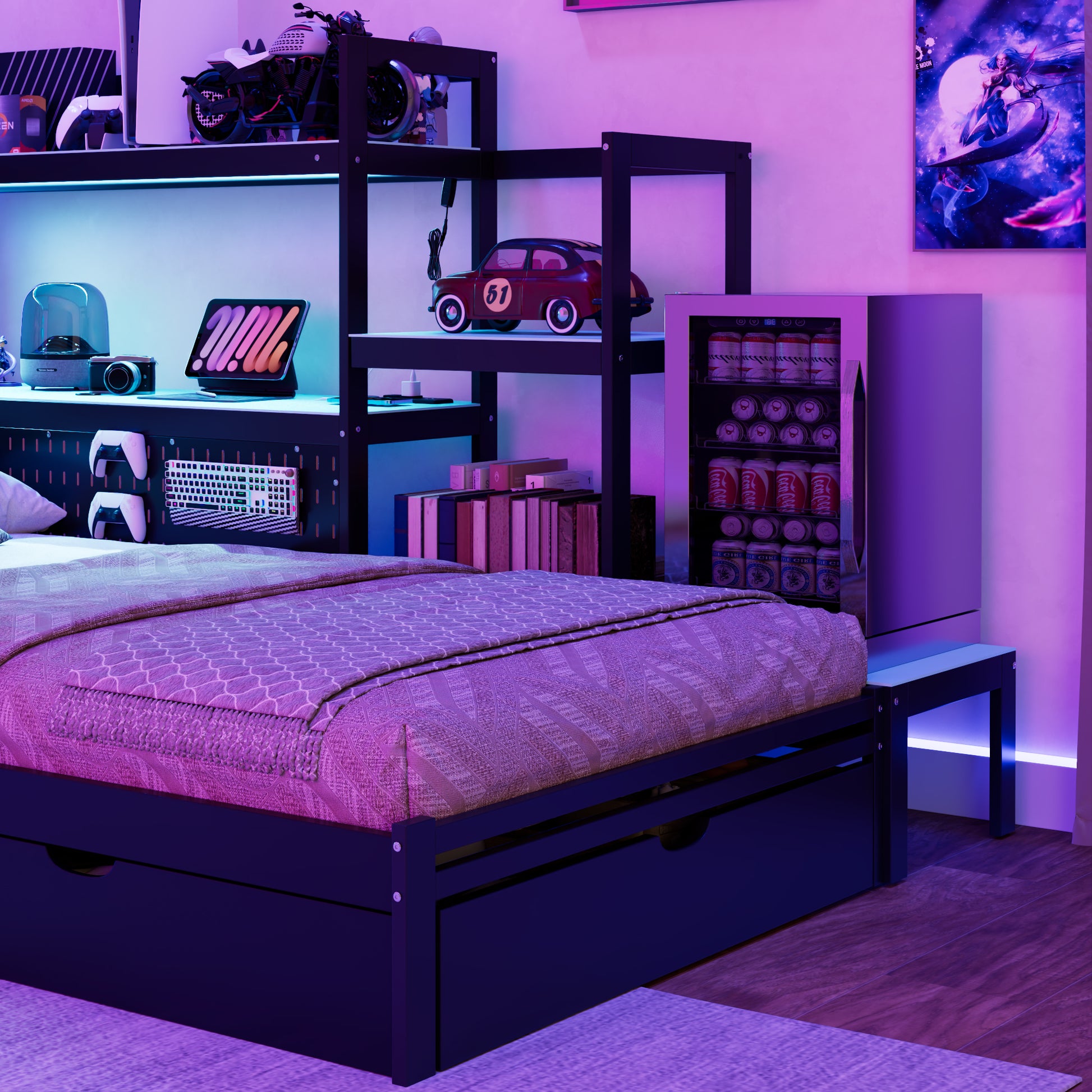 Twin Size Gaming Daybed with Integrated Desk and LED Light, Modern Wooden Bed Frame with 3 Storage Drawers and Built-in Charging Station, Multi-Functional Headboard Bookcase, Black+Blue image 5