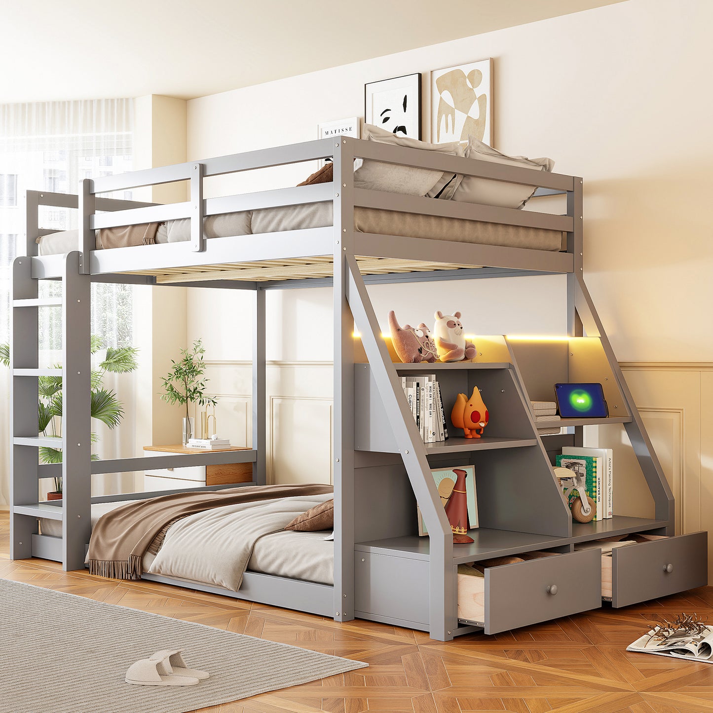 Full Bunk Bed with APP-Controlled LED Lights (7 Colors), USB Ports, Storage Shelves and 2 Drawers,Gray image 1