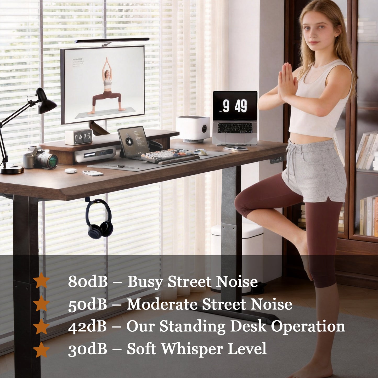 Solid Rubberwood Electric Standing Desk, Adjustable Height Sit Stand Desk with Single Motor, Ergonomic Home Office Desk with 2-Tier Legs image 8