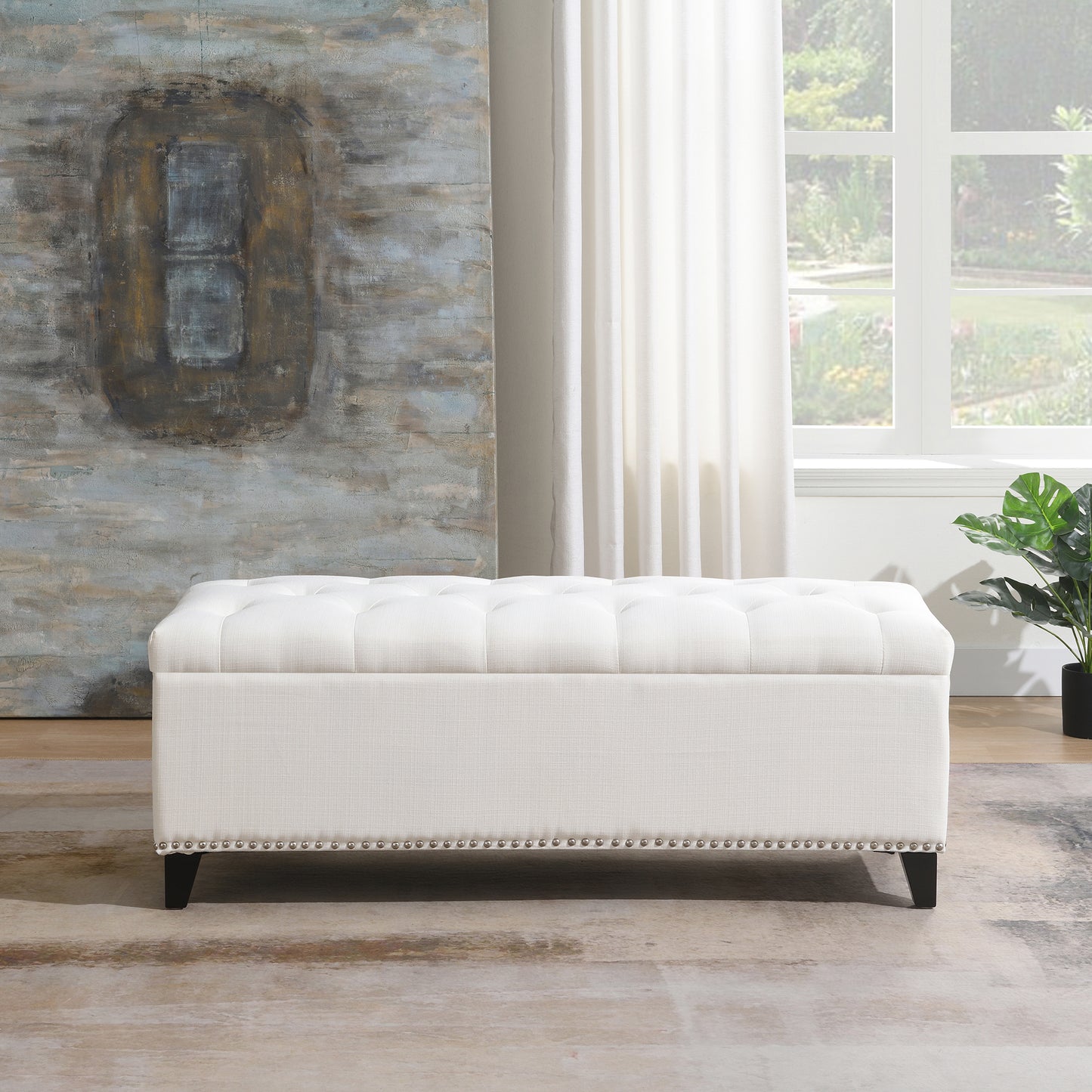 47.5" Storage Ottoman, Storage Bench with Safety Close Hinge, Linen Button-Tufted Ottoman for Living Room, Entryway, Hallway, Foot Rest, Support 500lbs - Beige image 2