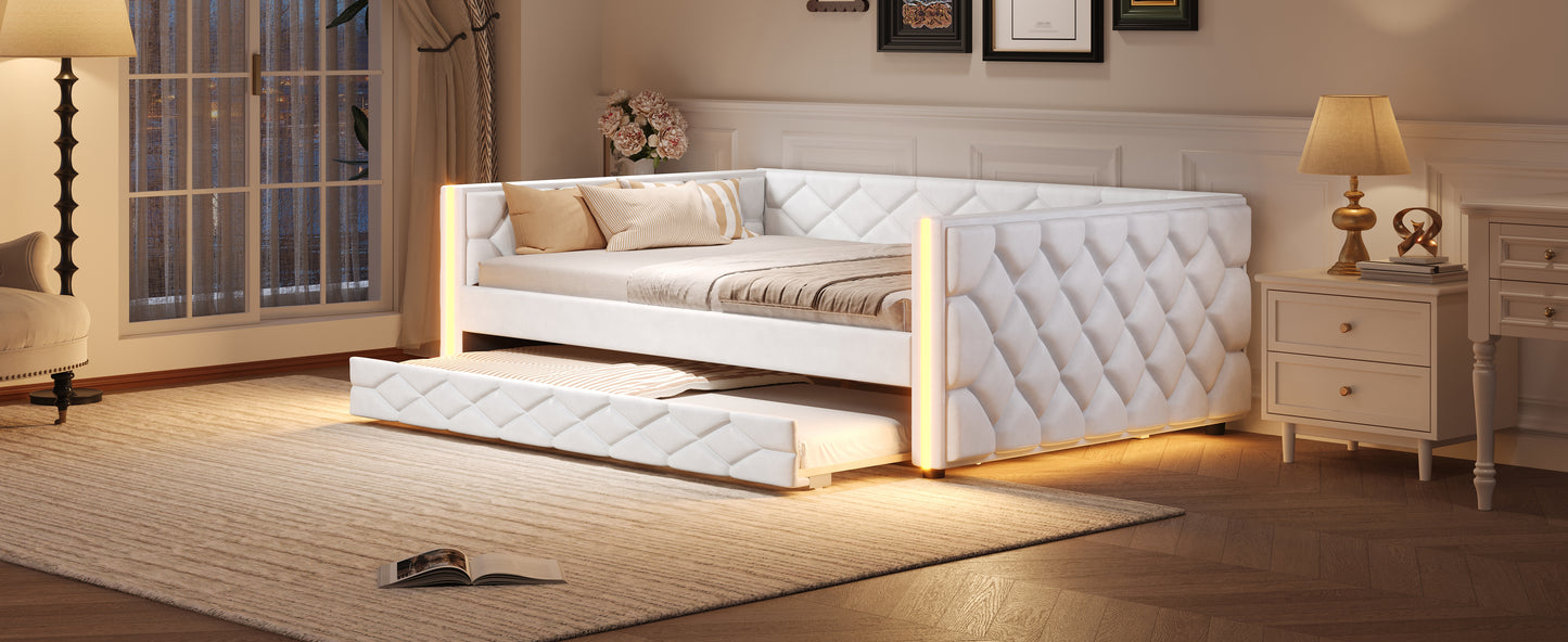 Full XL Size Upholstered Daybed with Trundle and LED, White image 8