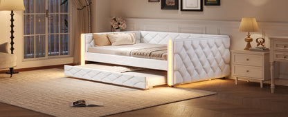 Full XL Size Upholstered Daybed with Trundle and LED, White image 8