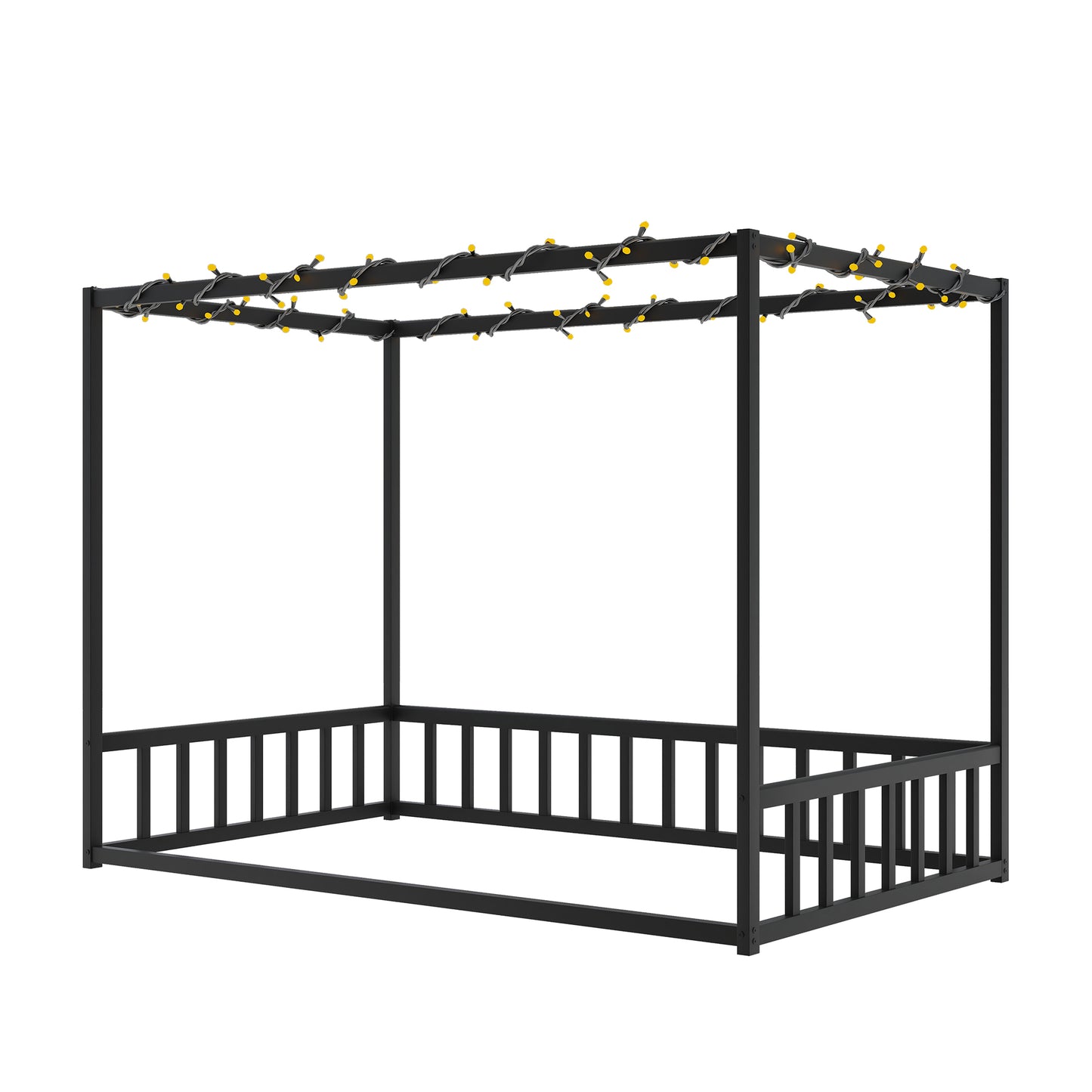 Twin size sunshade floor bed, iron double-size bed frame, modern low-profile double-size bed, equipped with fence-style guardrails, black series image 7