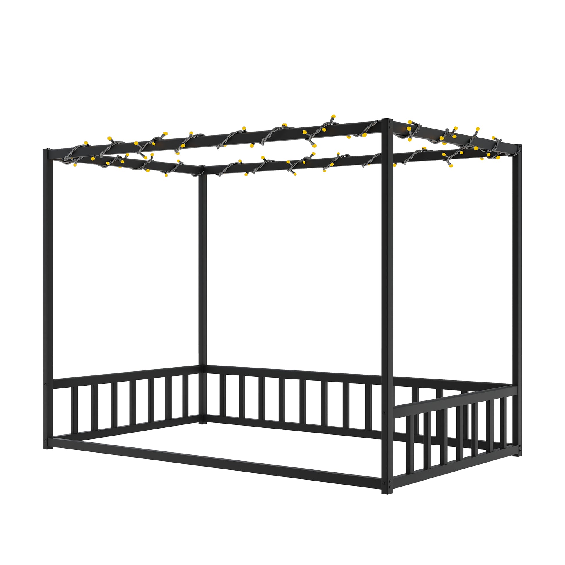 Twin size sunshade floor bed, iron double-size bed frame, modern low-profile double-size bed, equipped with fence-style guardrails, black series image 7