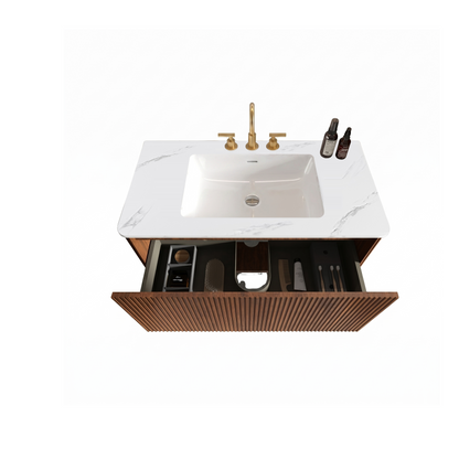 Etna 36" Striped Walnut Bathroom Vanity with Carrara White Ceramic Sink, Wall Mounted Floating Bathroom Vanity for Modern Bathroom, KD image 5