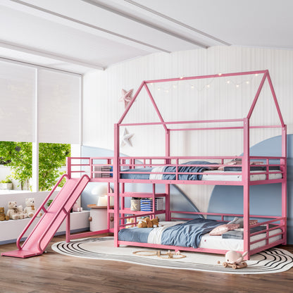 Full Metal House Bunk Bed with Storage Stairs, Slide, Safety Rails, Pink image 3
