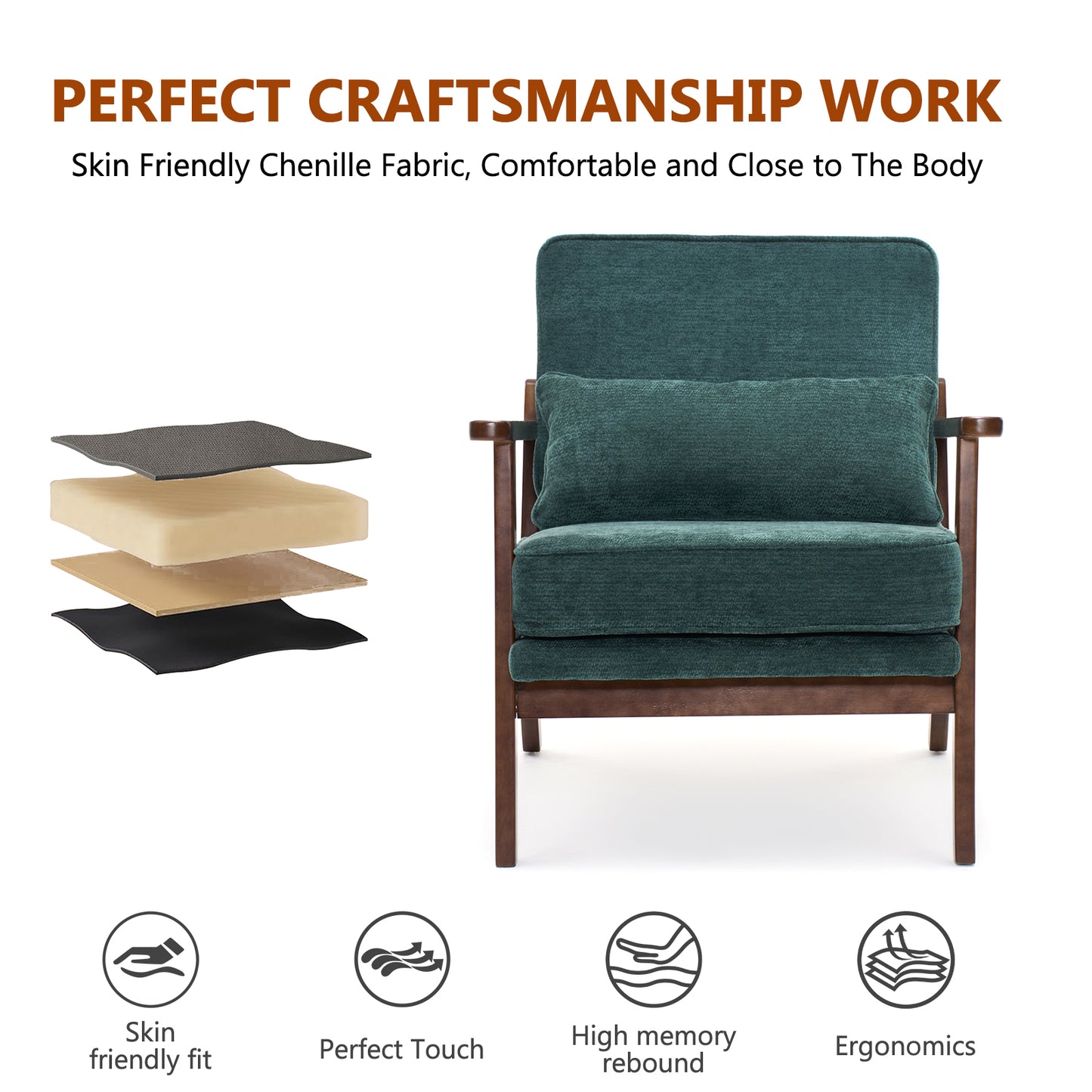 Mid-Century Modern Lounge Chair Single, Living Room Chair with Lumbar Pillow and Straight Wood Armrests, Accent Chair for Living Room, Bedroom, Indoor, Green image 4