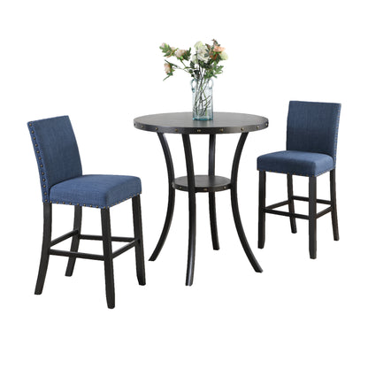 Biony 3-Piece 36" Round Espresso Finish Bar Table with 2 Blue Fabric Nail Head Pub Chairs image 11