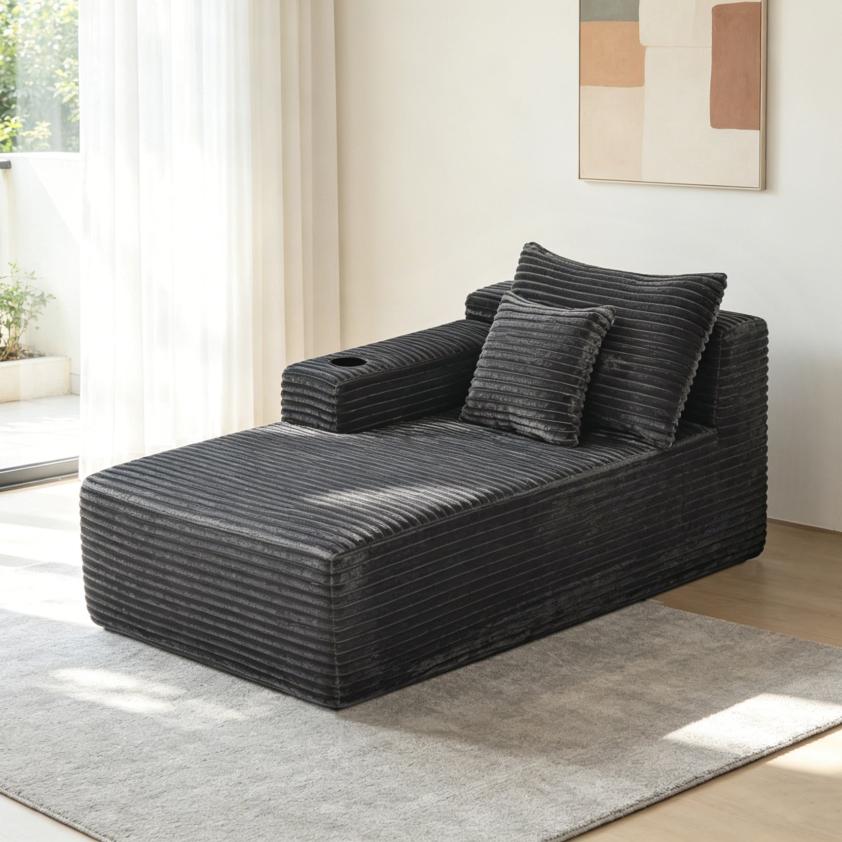 37.5-inch left chaise longue grey black velvet cup holder living room sofa front view