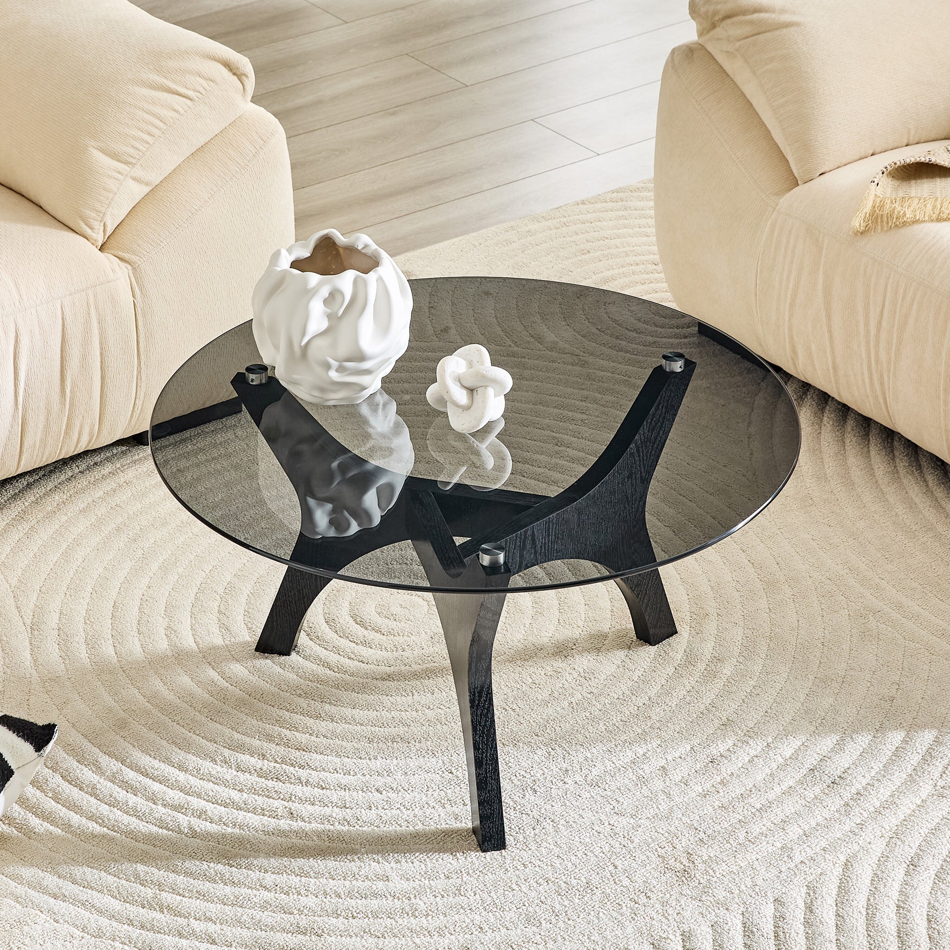 31.5" Glass Coffee Table, Mid-Century Modern Style, Ideal as a Centerpiece for Living Rooms, Bedrooms, Reception Areas, and Offices (Black Wood Grain) image 1