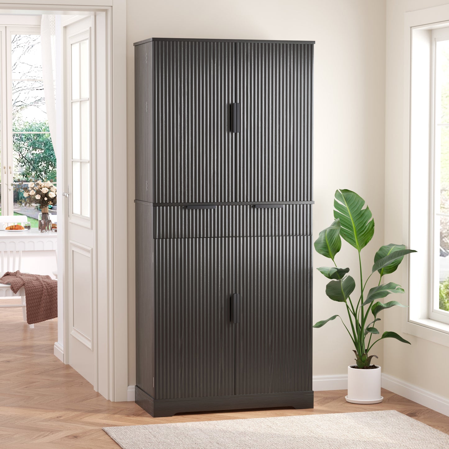 72" Fluted Kitchen Pantry Cabinet with 3 Keyboard Drawers & 6 Door Shelves Adjustable, Freestanding Cupboard Storage Cabinet for for Bathroom Dining Room, Office, Entryway, Black image 1