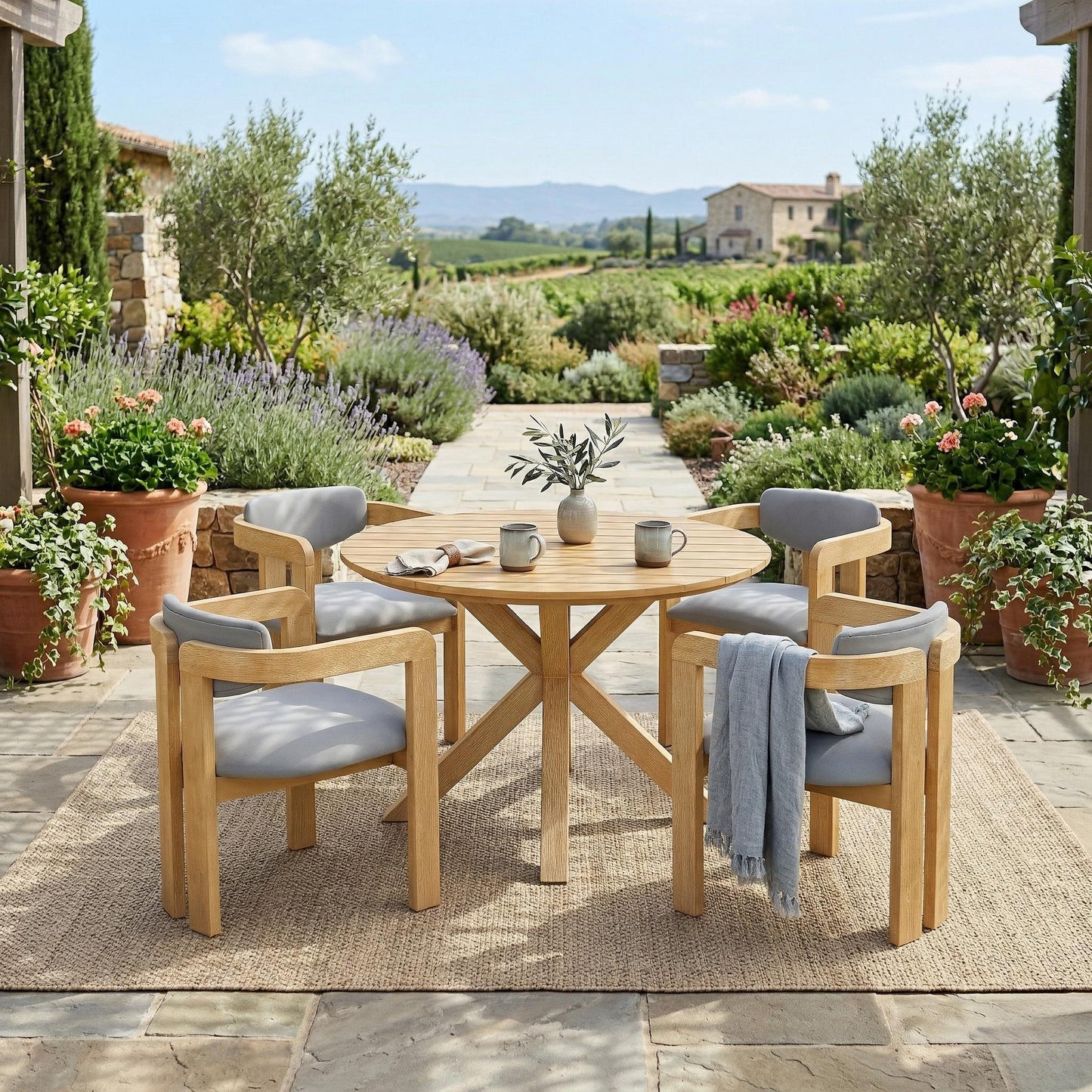 5-Piece Outdoor Acacia Wood Round Dining Set, Solid Wood Patio Table with 4 Barrel Chairs, Cushioned Seats & Backs, Modern Garden Conversation Set, Gray Cushion image 3
