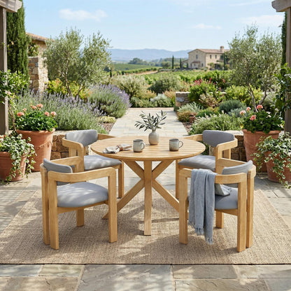 5-Piece Outdoor Acacia Wood Round Dining Set, Solid Wood Patio Table with 4 Barrel Chairs, Cushioned Seats & Backs, Modern Garden Conversation Set, Gray Cushion image 3