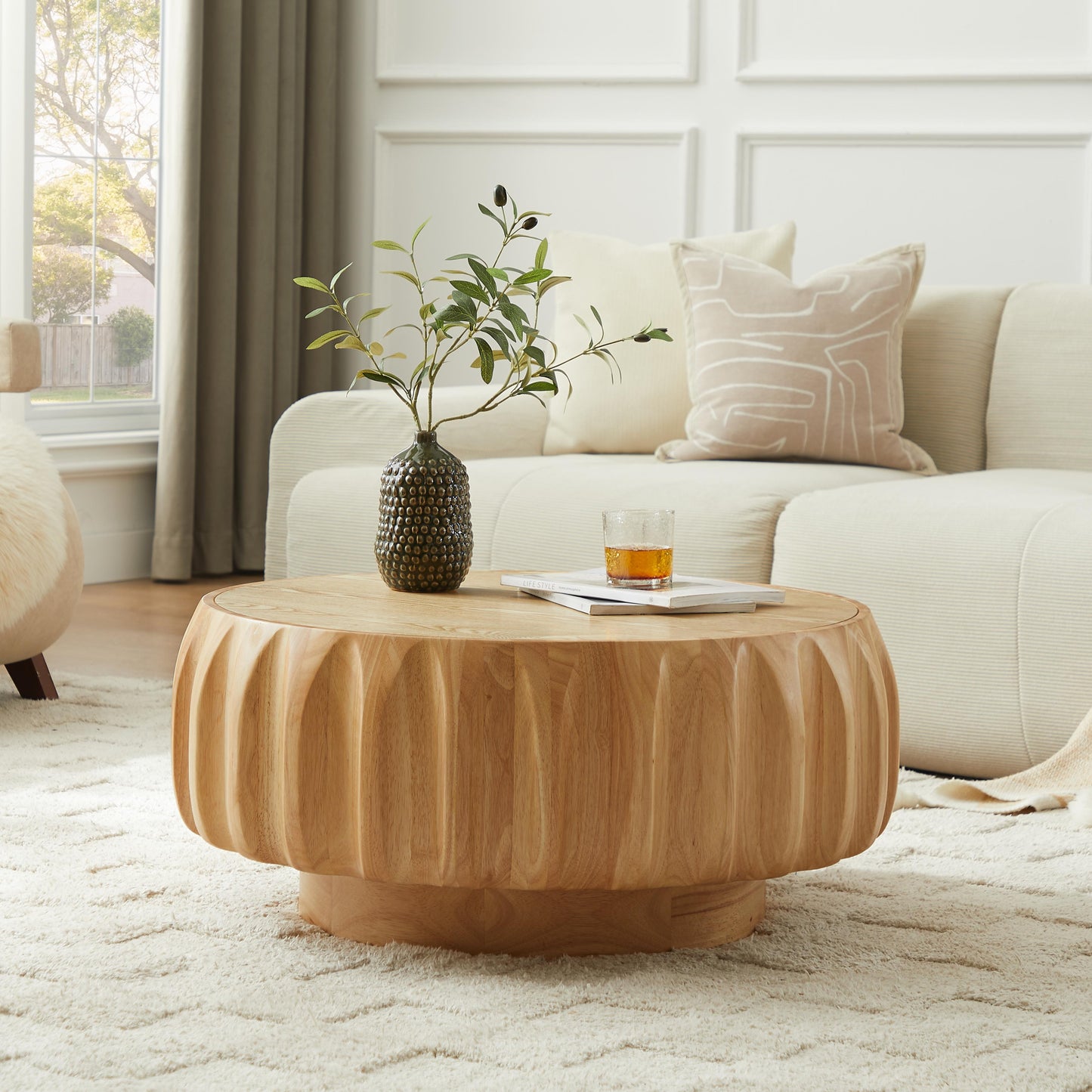 Round Solid Wood Carved Coffee Table with Elegant Sculptural Design image 6