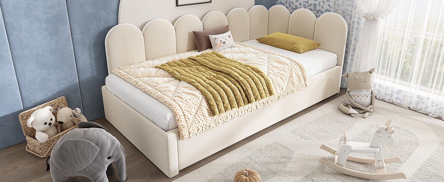 Upholstered Bed Daybed With Pull-Out Bed, Twin Size Single Sofa Bed,Guest Beds For Adults and Children, Bed With Metal Slatted Frame, Velvet, Beige (Without Mattress) image 2