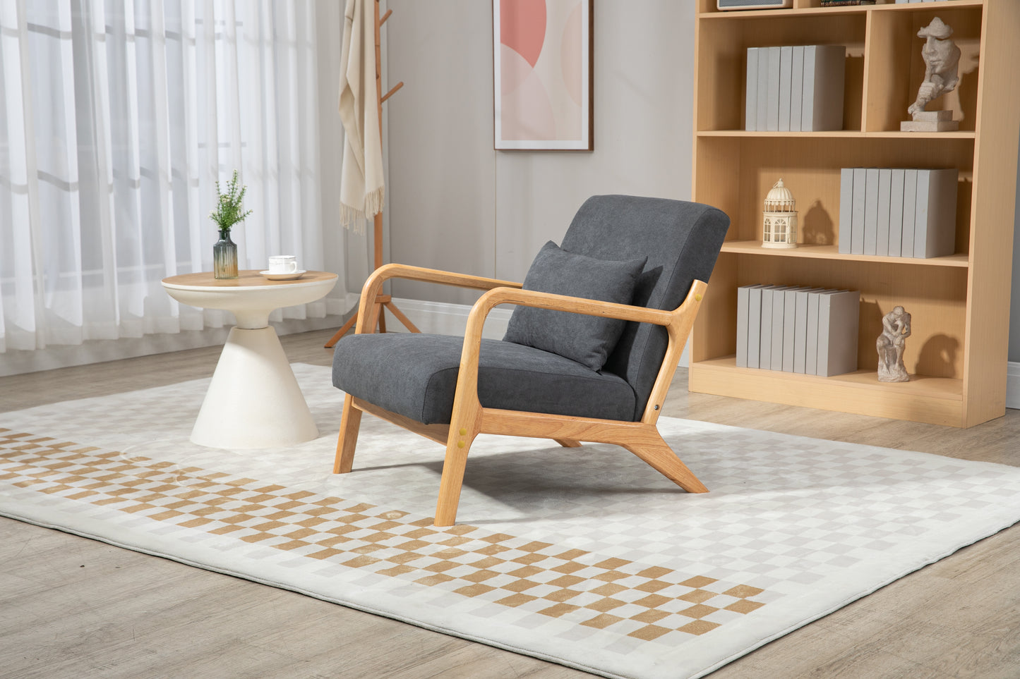 Mid Century Modern Accent Chair with Wood Frame, Upholstered Living Room Chairs with Waist Cushion, Reading Armchair for Bedroom Sunroom image 3