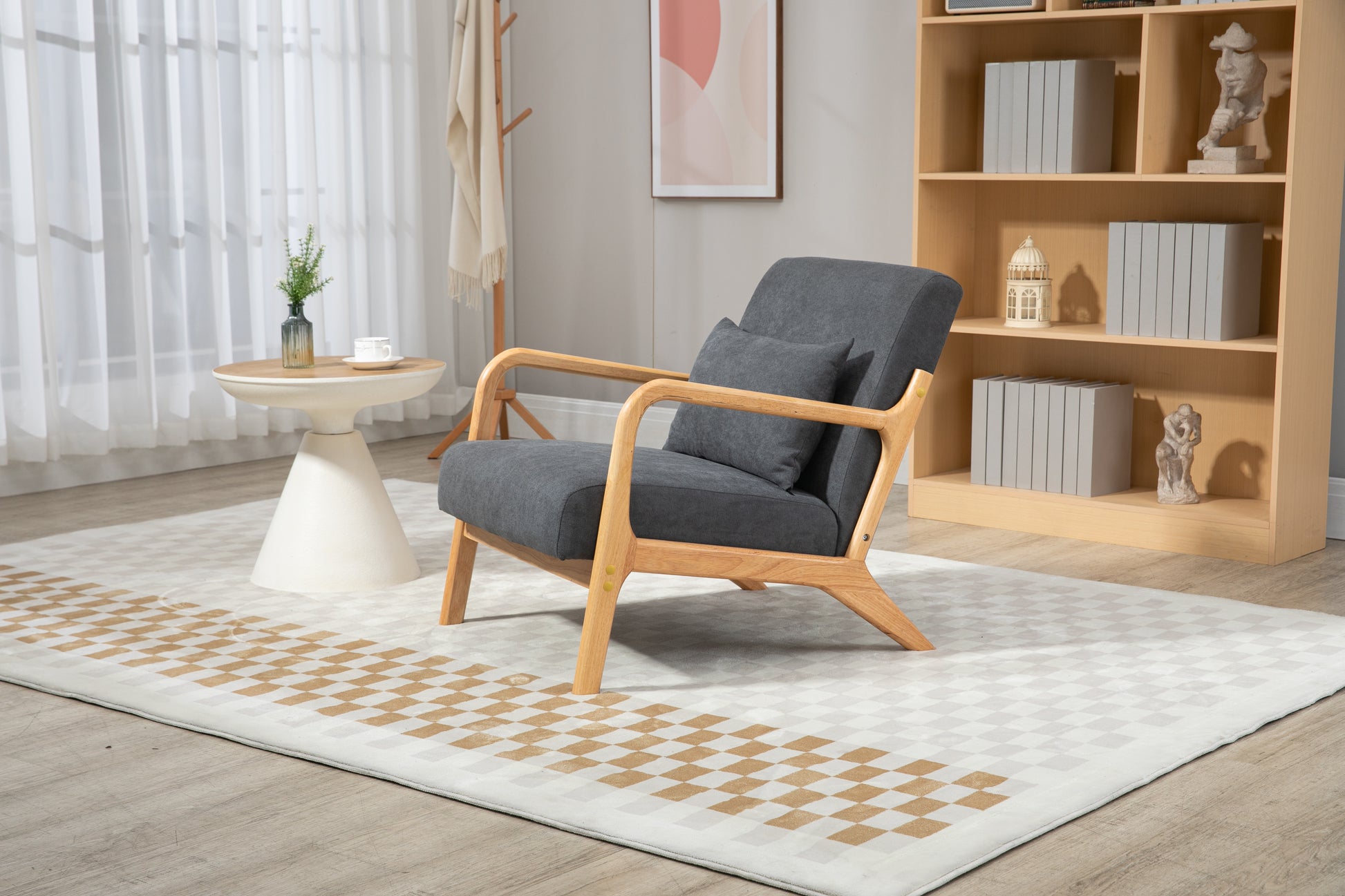 Mid Century Modern Accent Chair with Wood Frame, Upholstered Living Room Chairs with Waist Cushion, Reading Armchair for Bedroom Sunroom image 3