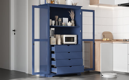 TOPMAX 44.7x20x75inch Kitchen Pantry, Freestanding Kitchen Storage Cabinet Display Cabinet with Glass Doors and 4 Built-in Drawers for Living Room, Home Office, Blue image 2