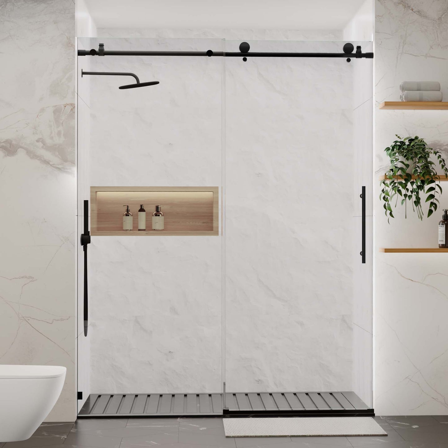 56-60"W x 76"H Frameless Shower Door, Sliding Shower Door, with Premium 5/16"(8mm)Thick Tempered Glass Shower Enclosure,Chrome Matte Black With Buffer, kd image 1