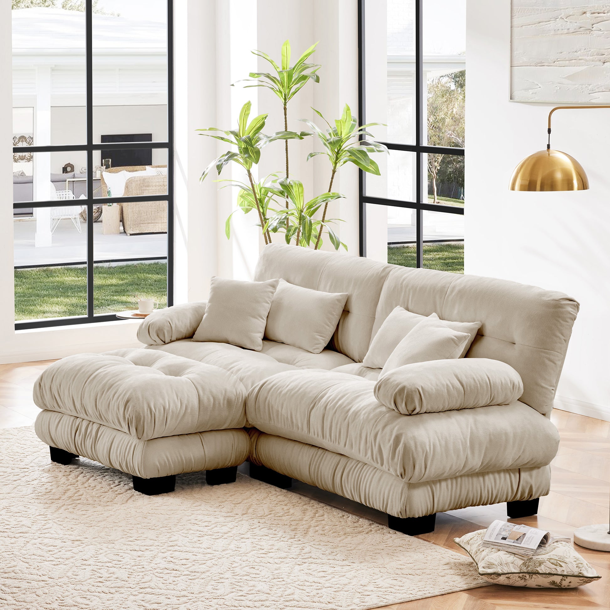 Cloud Couch Sectional Sofa for Living Room, Chenille 2 Seater Sofa with 2 Lumbar pillows and 2 throw pillows, Upholstered Wide Arm Sofa with Convertible Ottoman,Chenille Light coffee image 2