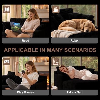 60 Inch Chaise Lounge Chair Indoor, Oversized Corduroy Upholstered Boneless Sofa Bed, Deep Seat Sleeper Couch Reading Chairs, Cloud Sofas Couches for Living Room, No Assembly Required (BLACK image 3