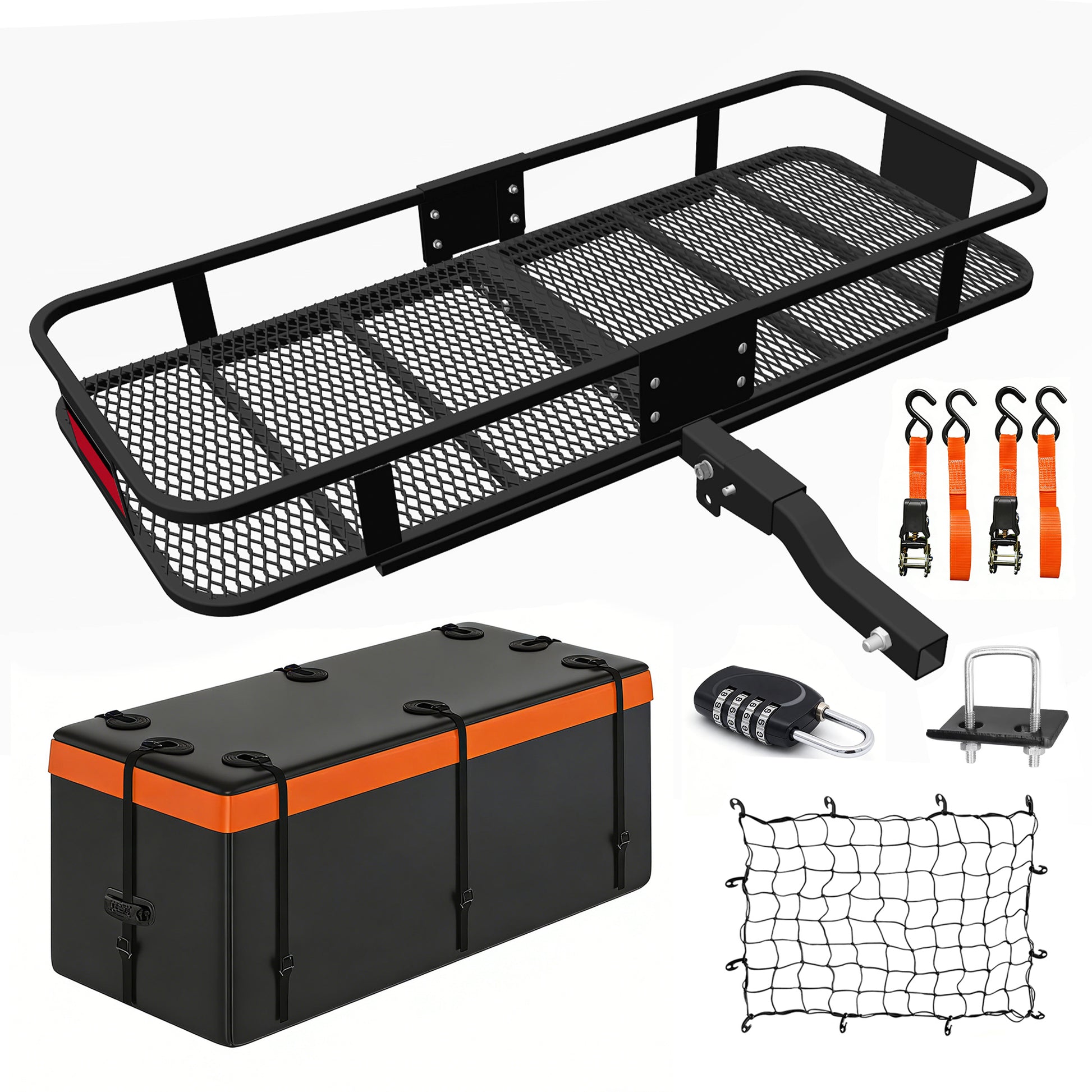 Heavy Duty Folding Hitch mount Cargo Carrier Load Capacity 500Lbs 60"(L)X 20"(W)X 6"(H) Trailer Fold up Luggage Basket with Stablizer Waterproof Bag Net Ratchet Straps Combination Lock for SUV Pickup image 1