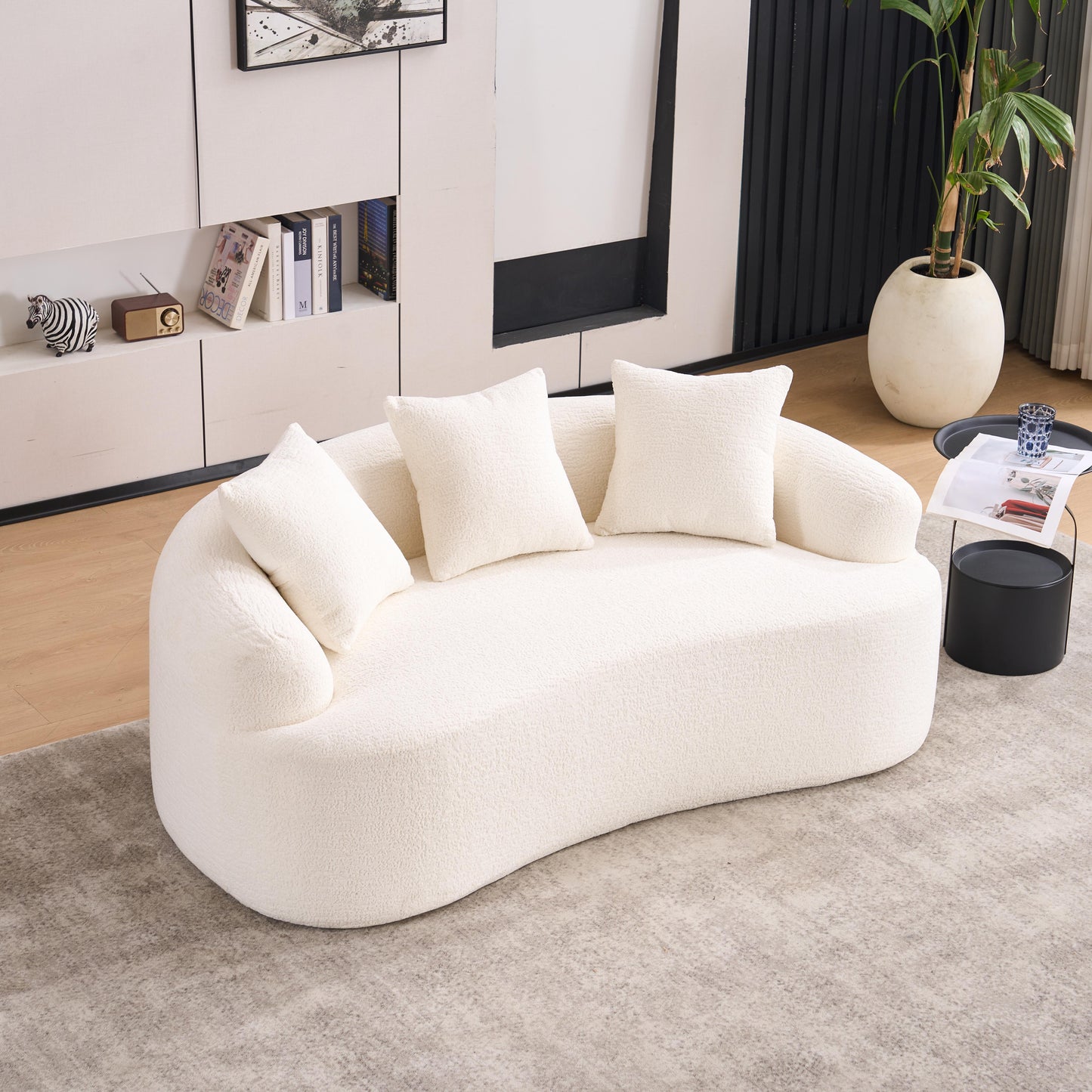 LY-025S Curved Loveseat White Full Compression Sponge Sofa, 30D Chenille No-Assembly Compact Sofa for Small Spaces & Apartments, 65"L, 300 lbs, 3 Pillows image 1