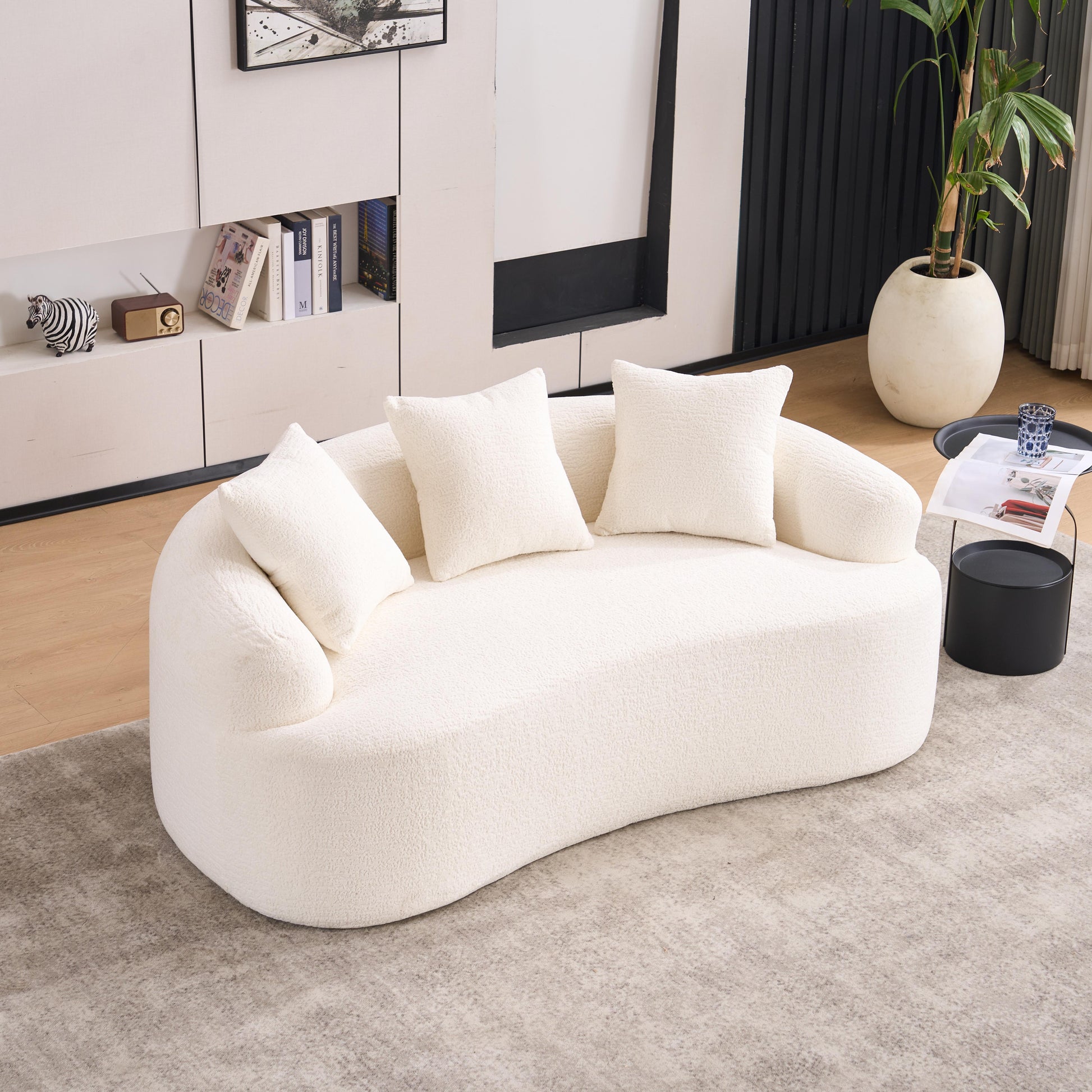 LY-025S Curved Loveseat White Full Compression Sponge Sofa, 30D Chenille No-Assembly Compact Sofa for Small Spaces & Apartments, 65"L, 300 lbs, 3 Pillows image 1