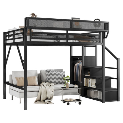 Queen Size Loft Bed with Stairs, Metal Queen Loft Bed with Storage Shelves, High Loft Bed with Wardrobe for Kids Teens Adults, Black(Old skuW2580S00038) image 7