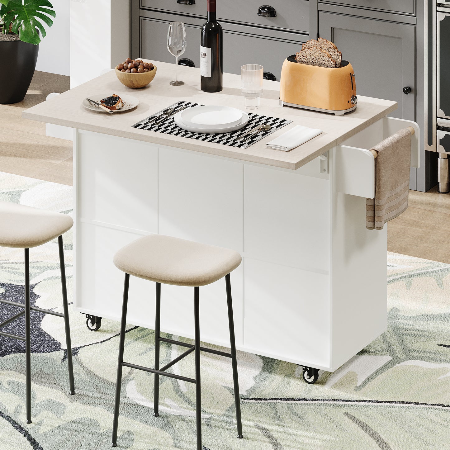 K&K Kitchen Island with Trash Can Storage Cabinet, Kitchen Cart with Drop Leaf, Spice Rack, Towel Rack and Drawer, Rolling Kitchen Island on Wheels with Adjustable Shelf, White image 10