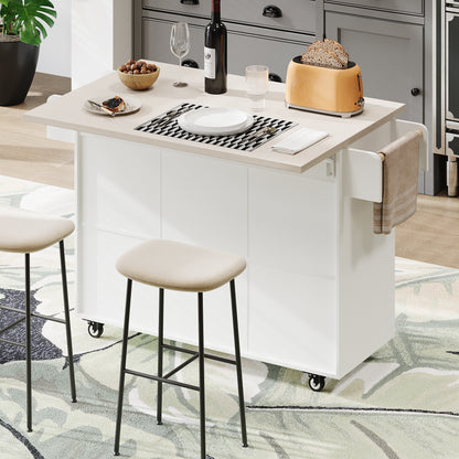 K&K Kitchen Island with Trash Can Storage Cabinet, Kitchen Cart with Drop Leaf, Spice Rack, Towel Rack and Drawer, Rolling Kitchen Island on Wheels with Adjustable Shelf, White image 10