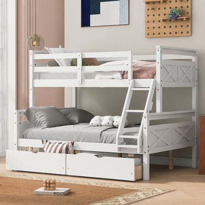 Twin over Full Bunk Bed with Ladder, Two Storage Drawers, Safety Guardrail, White image 1