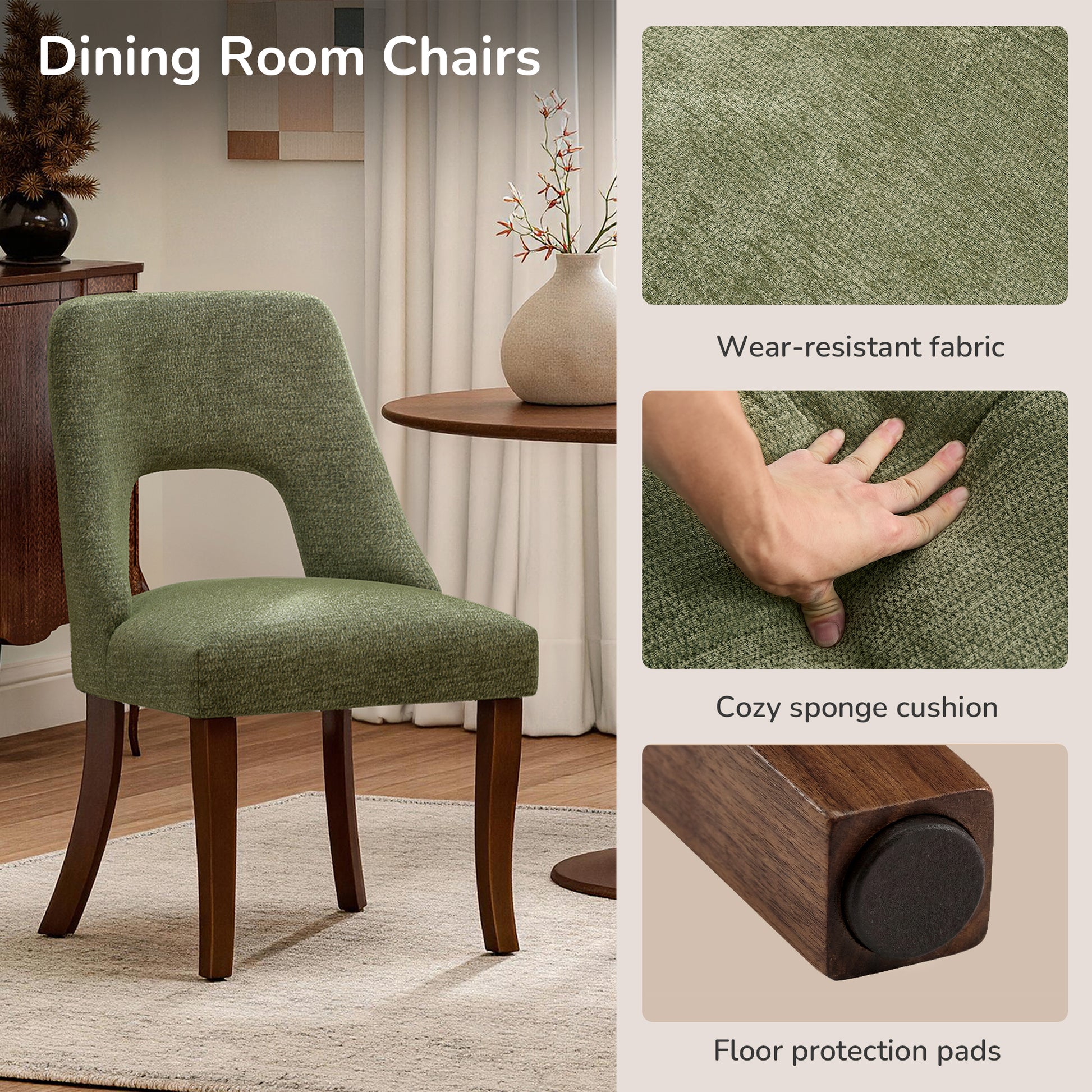 Dining Chair Set of 2,Upholstered Chenille Fabric Dining Chair Curved Solid Wood Legs, Elegant Tufted Club Dining Room Kitchen Room Dining Chair,Green image 5