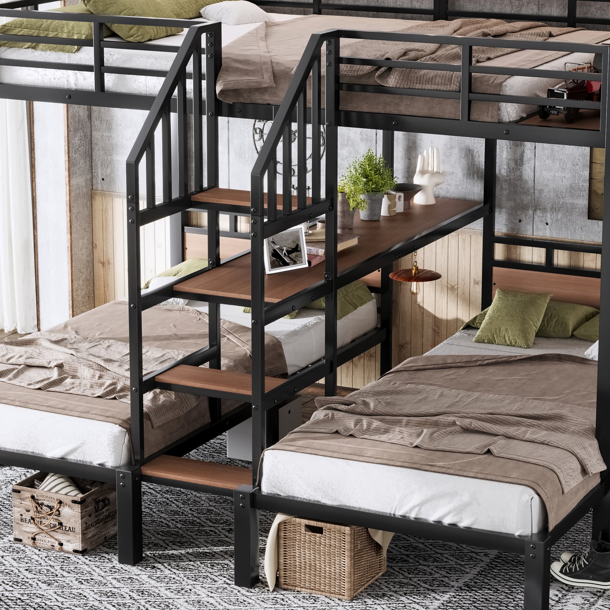 Full over Twin over Twin(Full XL over Twin over Twin) Metal Bunk Bed,triple metal bunk bed with Storage shelves and storage stairs,Black image 4