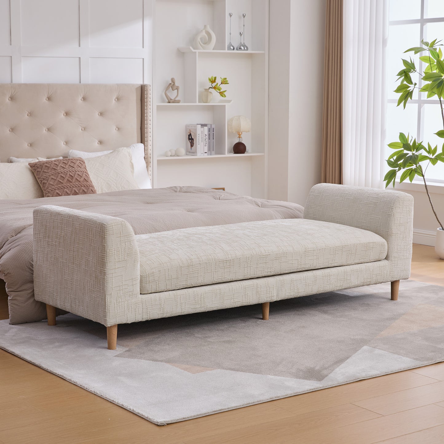 83.1"Wide Modern Upholstered End of Bed Bench with Armrests, Chenille Chaise Lounge Couch with 2 Bolster Pillows, Daybed with Rubberwood Legs For Living Room,Bedroom,Apartment,Guestroom, Beige image 4