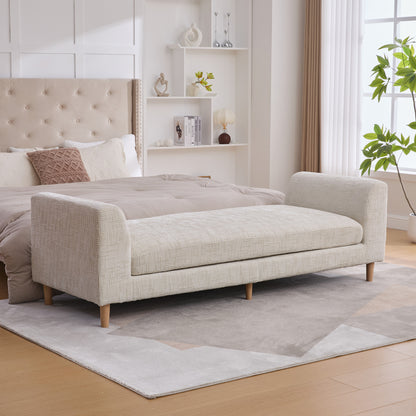 83.1"Wide Modern Upholstered End of Bed Bench with Armrests, Chenille Chaise Lounge Couch with 2 Bolster Pillows, Daybed with Rubberwood Legs For Living Room,Bedroom,Apartment,Guestroom, Beige image 4